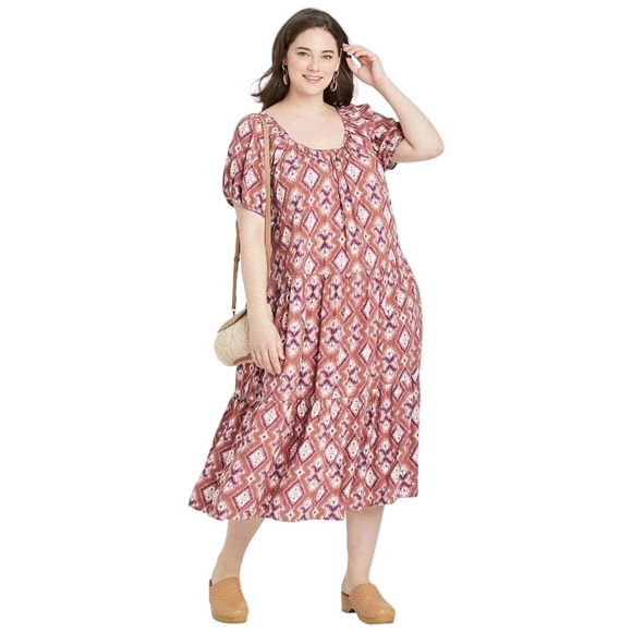 Knox Rose Midi Floral Tiered Boho Scoop Neck Short Puff Sleeves Tie Rust XXL - Picture 13 of 13